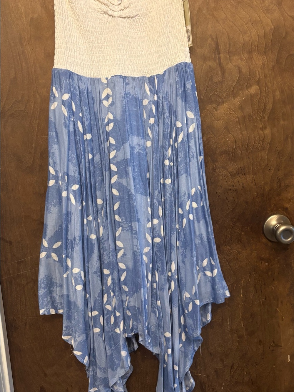 Adam Levine Collection Blue and White Strapless Handkerchief Hem Dress